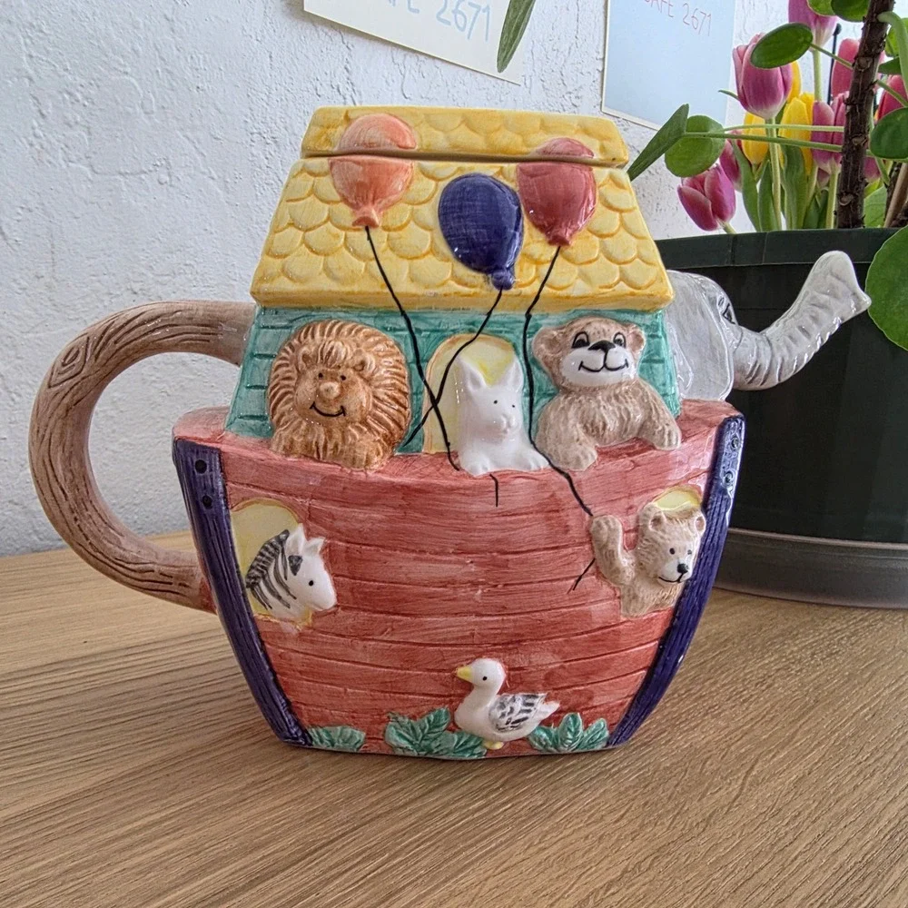 Vintage 1996 Susan Burger Noahs Ark Ceramic Teapot Flowers Inc Balloons Elephant